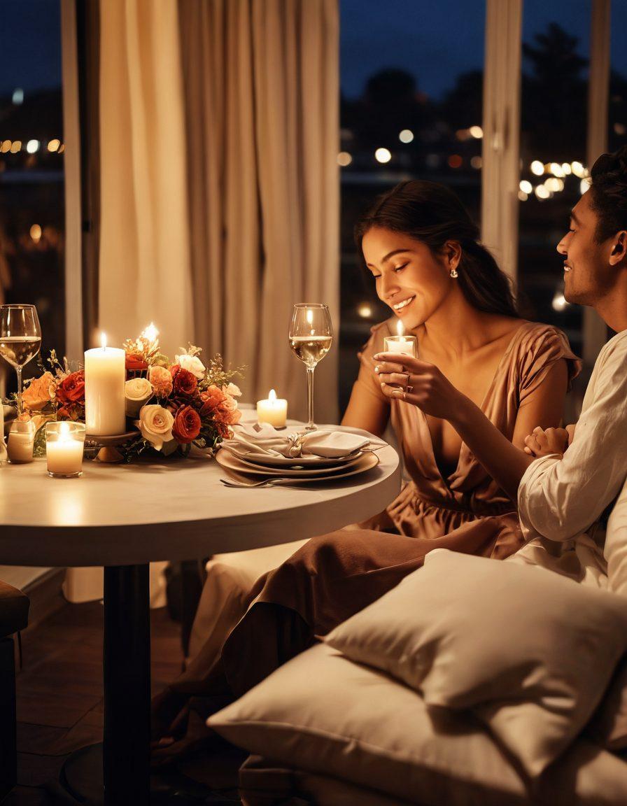 A romantic and intimate setting featuring a candlelit dinner for two, adorned with soft cushions and delicate fabrics. Showcase a couple gazing into each other's eyes, surrounded by an ambience of warmth and love, with hints of playful elements like intertwined hands and subtle smiles. The background is softly blurred to emphasize their connection, inspired by the secrets of amorous adventures. soft focus. warm colors. painting.