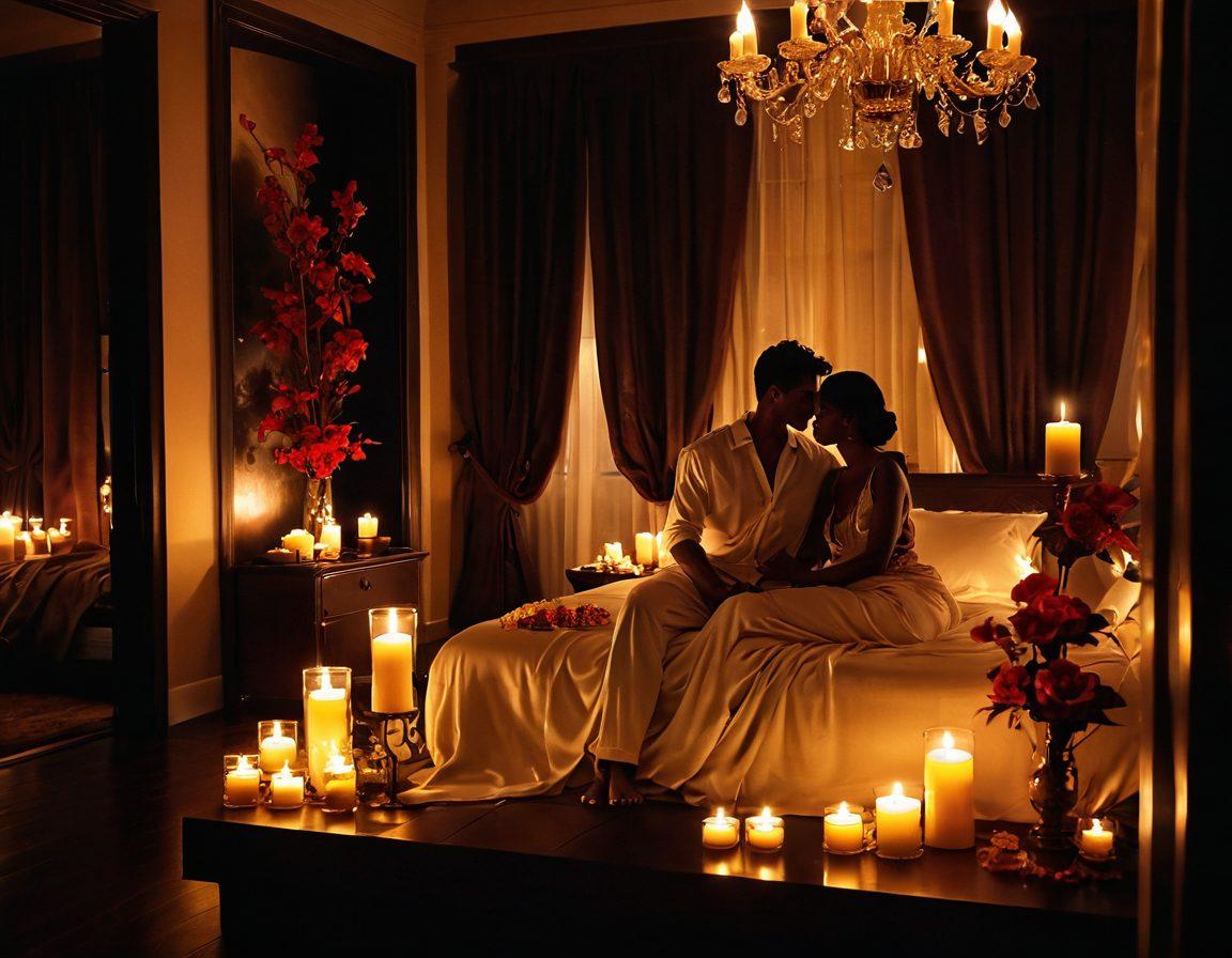 A luxurious, dimly-lit room adorned with plush fabrics and exotic candles, showcasing a silhouette of a couple engaged in an intimate conversation. The atmosphere is enriched with soft, warm hues and delicate floral arrangements to evoke sensuality and connection. Include subtle elements of sensual wellness such as massage oils and silk sheets in the background. mystical, romantic ambiance. vibrant colors. super-realistic.