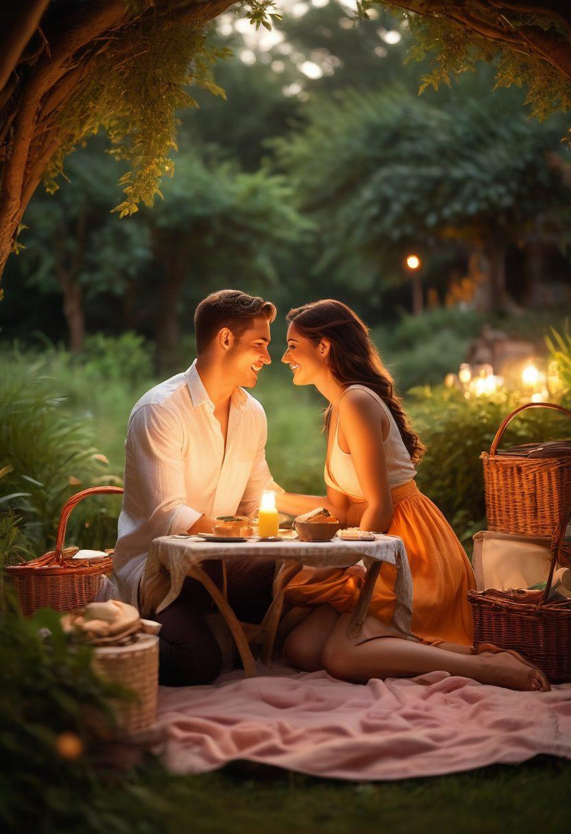 A playful scene featuring a couple in an intimate, adventurous setting, surrounded by lush greenery and soft candlelight, exploring a romantic picnic with tantalizing treats. The couple should be smiling and engaging in flirtatious activities, embodying a sense of adventure and passion. The background should have a dreamy sunset to enhance the romantic vibe. super-realistic. warm colors. soft focus.